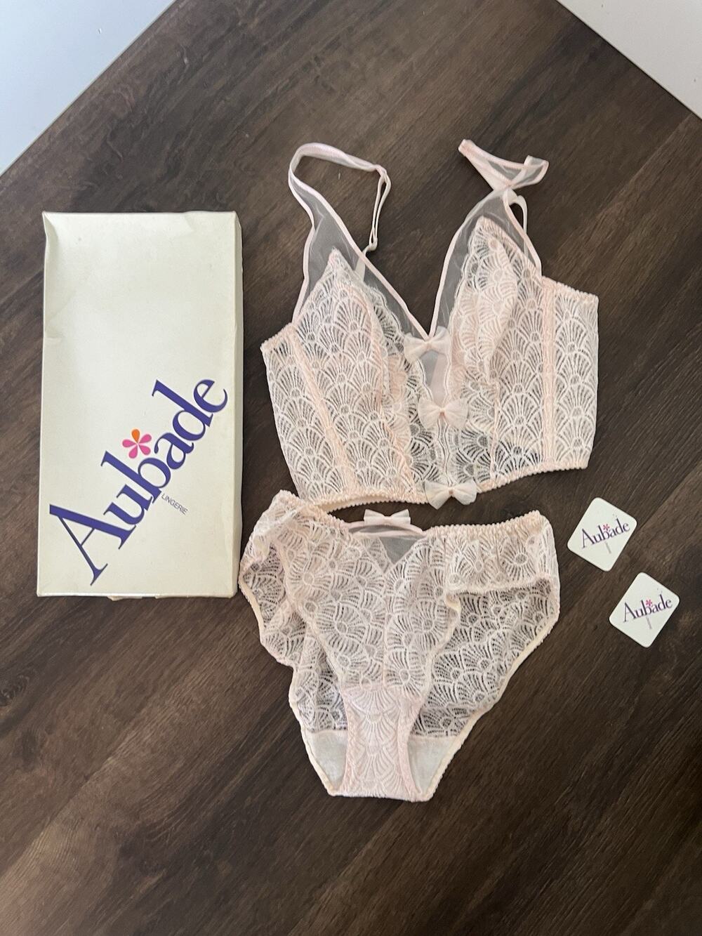 Aubade Bra And Panty Set Lingerie Vintage Deadstock Size 34 xs Pink Lace corset